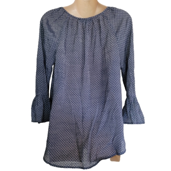 Fred David Blue Polka Dot Ruffle Sleeve Blouse with Tie Front Size Women's Small - Picture 2 of 10